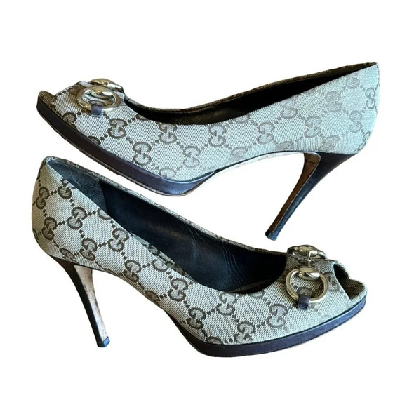 Gucci GG Monogram Canvas Open Toe Horsebit Pumps Beige Brown EU 37.5 US 7.5 - Picture 9 of 13